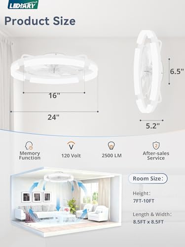 LEDIARY 24-Inch White Ceiling Fan with Lights, Low Profile Fandelier, Remote & App Control