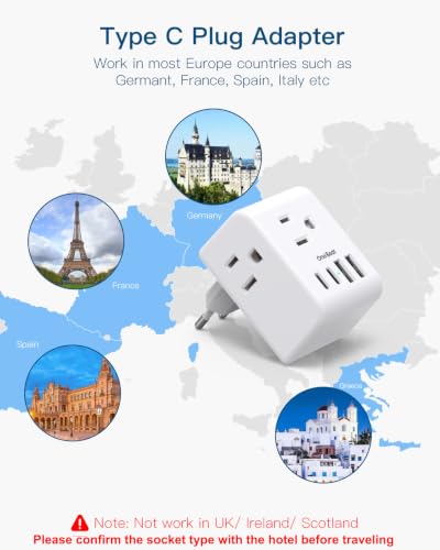 Type C European Travel Plug Adapter 2 Pack with 7-in-1 USB Charging Ports - Compatible with Most European Countries