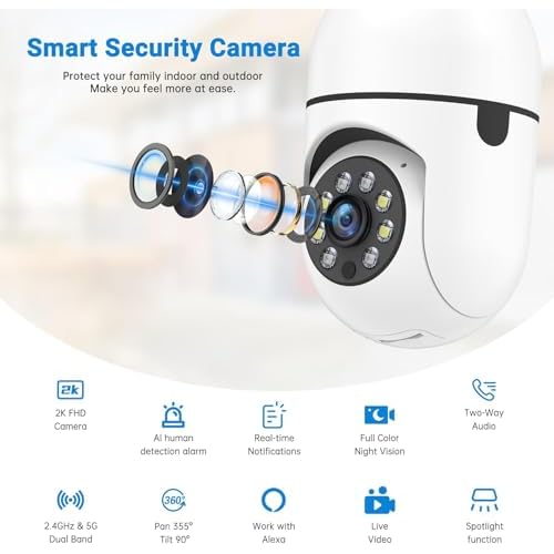 Light Bulb Security Camera, 5G& 2.4GHz WiFi Security Cameras Wireless Outdoor for Home Security, 2-Way Audio Color Night Vision, 2-in-1 Lightbulb Socket Camera Motion Detection Siren Alarm