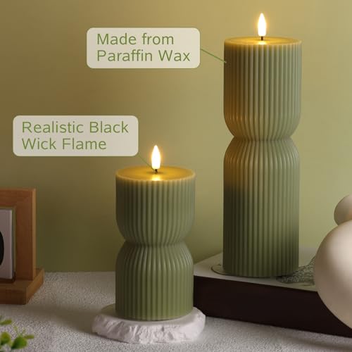 Girimax Olive Green Flameless Pillar Candles with Remote Set of 2