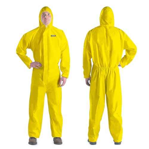 Hazmat Suit Disposable Coverall | Heavy Duty Full Body Paint Coverall & Suit in 7 Sizes with Multiple Specifications With Hood - Breathable & Water Resistant - X-Large, Yellow, 1