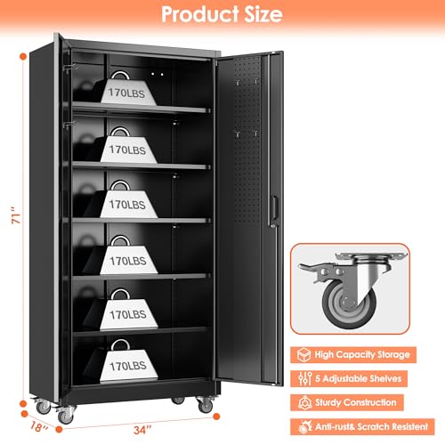 Metal Garage Storage Cabinet with Wheels & Pegboard Doors – 71in H x 34in W x 18in D, Black