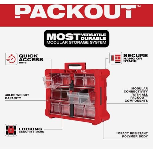 Milwaukee PACKOUT Tilt Bin Organizer – 2 Large + 8 Small Bins, 40lb Capacity