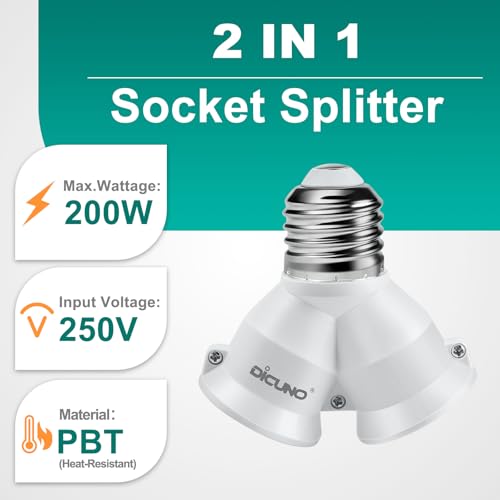 DiCUNO 2 in 1 E26 Socket Splitter Adapter - 2 Pack, Bulb Connector for All E26 Base Light Bulbs