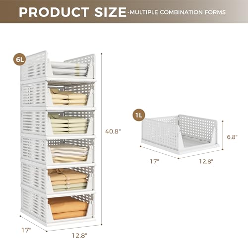 Pinkpum 6 Pack White Stackable Closet Storage Bins - Multi-Functional Drawer Organizers