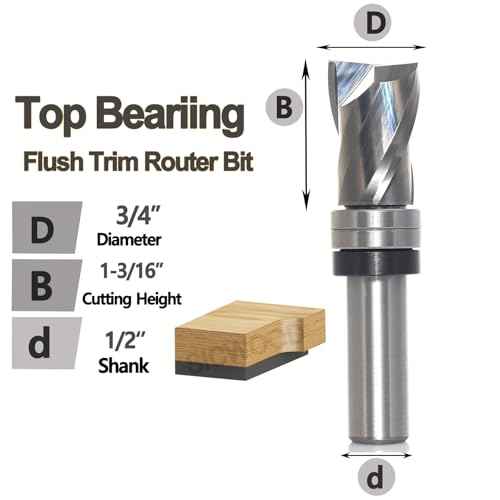 Top Bearing Flush Trim Router Bit 1/2 Inch Shank - Up-Cut 3/4" Cutting Dia, 1- 3/16" Cut Height, Carbide Spiral Pattern Template Flush Cut Router Bit, for Wood Trimming