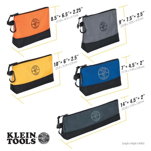 Klein Tools 55569 16.5-Inch Stand-Up Zipper Tool Bags Set with Carabiners, Reinforced Gusseted Bottom, Water-Resistant 1680d, 5-Pack
