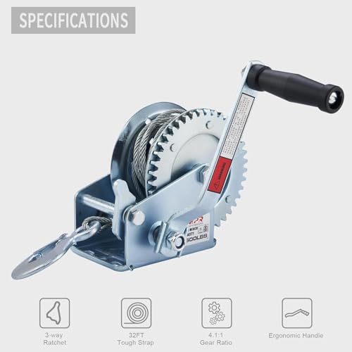 OPENROAD 1600lbs Hand Winch Boat Trailer Winch with 10m Cable - Manual Two-Way Adjustable Towing Winch