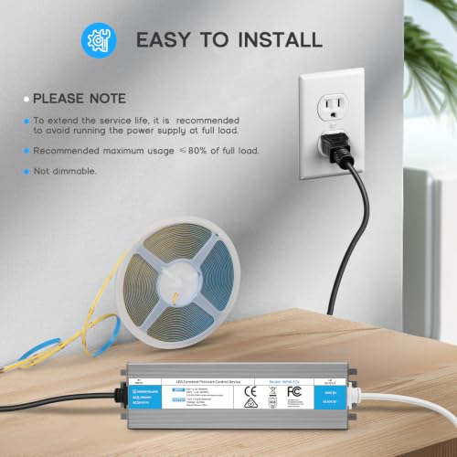 VOEWT 12V 100W Waterproof IP67 LED Power Supply Transformer AC85-265V to DC 12V, Small & Quiet with 3-Prong Cord