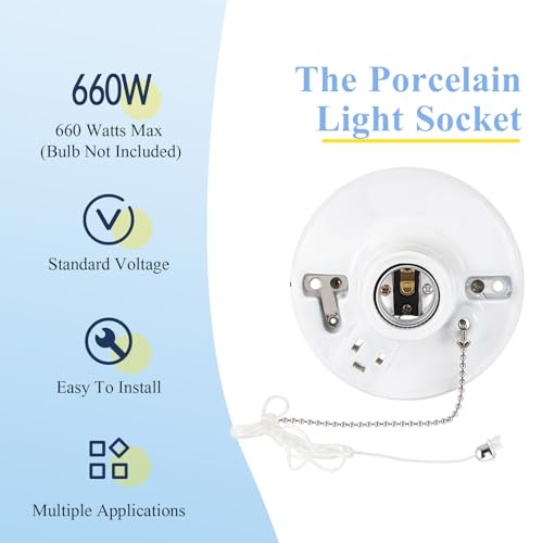Saysurey Porcelain Light Socket with Outlet & Pull Chain - 1 Pack