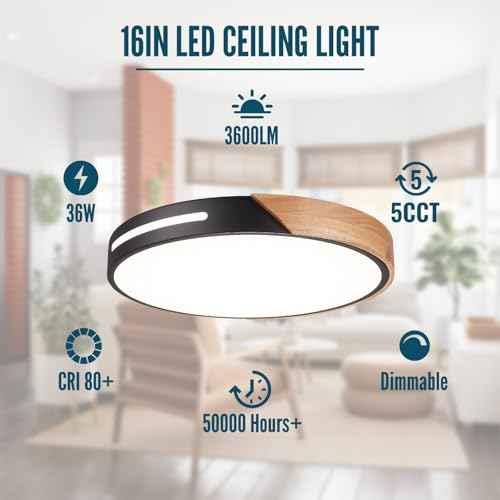 Wood Ceiling Light Flush Mount LED 36W, 16 inch Flush Mount Black, Kitchen Light Fixtures Ceiling Mount, Dimmable Close to Ceiling Light for Bedroom, Living Room, Bathroom