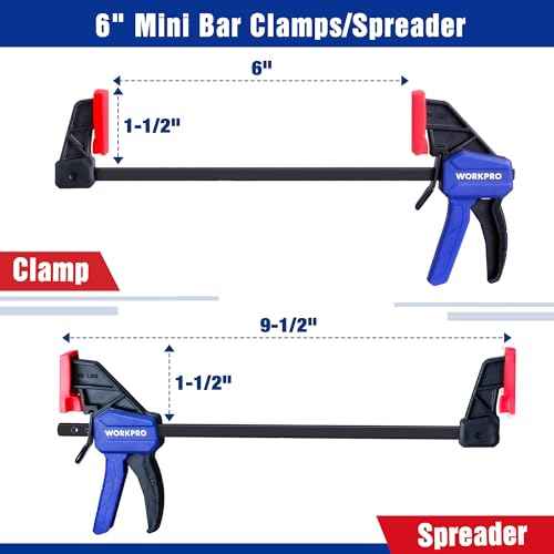 WORKPRO 6" Mini Bar Clamps for Woodworking, One-Handed Clamp/Spreader, Light-Duty Screw-Change F Clamp with 50lbs Load Limit, 2PC