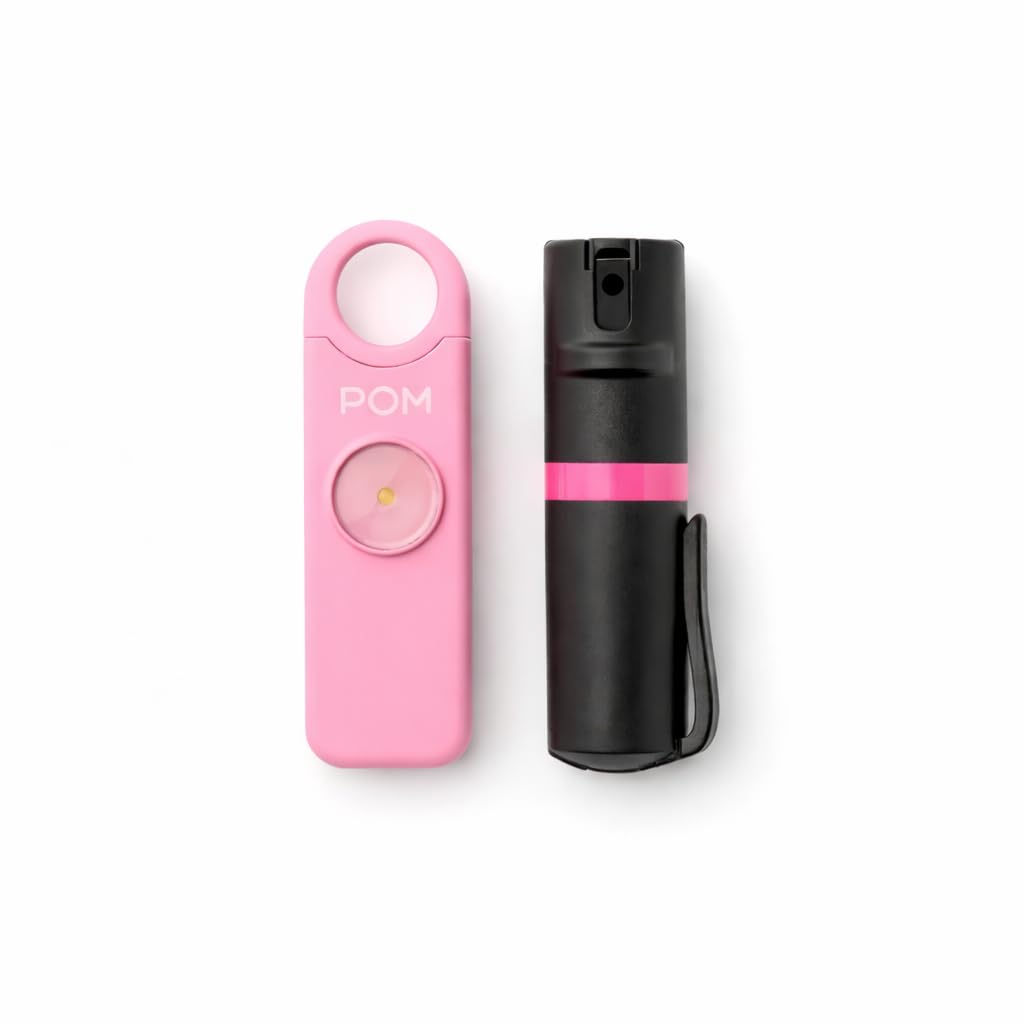 POM Pepper Spray & Personal Alarm Safety Kit – OC Self Defense Keychain Spray & Loud Emergency Alarm for Campus Safety, Women & Students (Pocket Clip Model, Black X Pink)