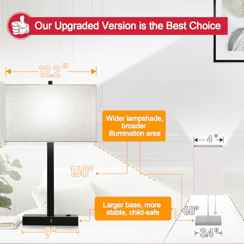 Lynnoland Set of 2 Gray Linen & Matte Black Touch Control Bedside Lamps with USB & AC Outlets, Dimmable for Bedroom & Living Room