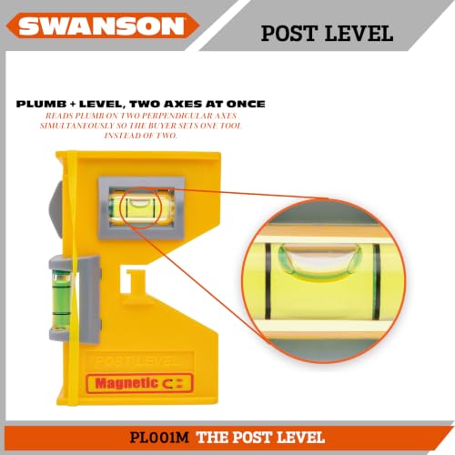 Swanson Yellow 8" Magnetic Post Level with Elastic Strap (PL001M) – Two-Axis Plumb