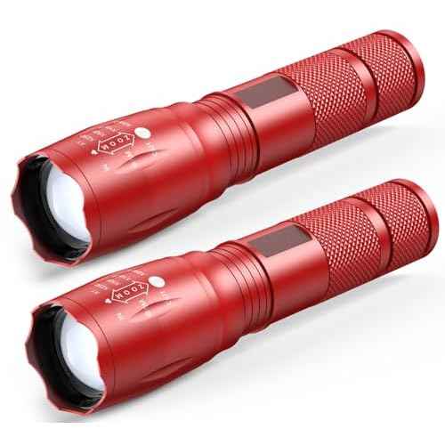 1 Mode Flashlights 2 Pack, Super Bright Zoomable LED Tactical Flashlight High Lumens, Water Resistant Portable Pocket Flash Light for Emergency, Camping, Home, and Gift - Red