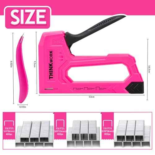 THINKWORK Light Duty Staple Gun, Pink Upholstery Staple Gun for Wood with 1600pcs JT21 Staples 1/4", 5/16", 3/8" and Staple Remover, Women Fabric Stapler Gun for Crafts, Wall, Arts, DIY, Decoration