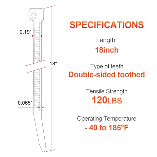 White 18 Inch Heavy Duty Zip Ties 120 Lbs Tensile Strength, 100 Pack - Self-Locking Cable Ties for Indoor & Outdoor Use