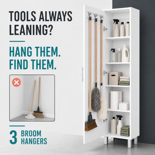 FUCIHOMA White Tall Slim Storage Cabinet with 3 Broom Hangers, 5 Shelves, Modern Melamine Finish