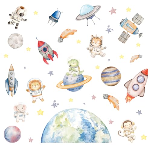 Space Animal Wall Decals for Kids Bedroom - 39x12 Inch Peel & Stick Decor