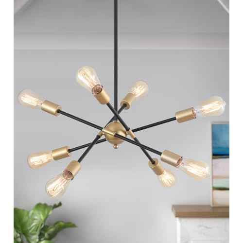 8 Lights Dining Room Light Fixtures Modern Sputnik Chandelier Black and Gold Mid Century Pendant Light for Kitchen Island Entryway Foyer Living Room UL Listed