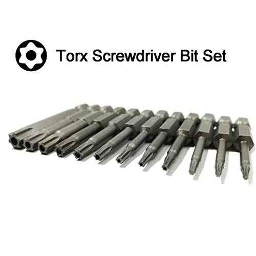 Torx Head Screw Driver Bit 12 Pcs Security Torx bit set T5 T6 T7 T8 T9 T10 T15 T20 T25 T27 T30 T40 Size 2 inch Length 1/4 Hex Shank S2 Steel Magnetic Star 6 Point Screwdriver bit set