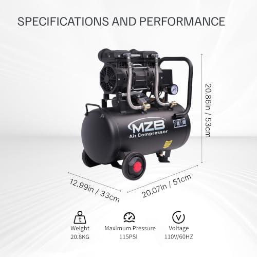 MZB-1100H-24 6.4 Gallon Ultra Quiet Oil-Free Air Compressor 115 PSI 7.41 CFM 1.5HP