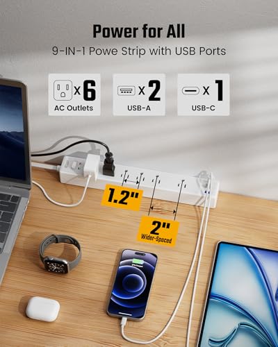 SUPERDANNY 10Ft Flat Extension Cord with Surge Protector Power Strip White