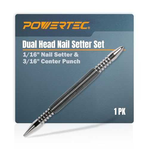 POWERTEC Dual Head Nail Setter & Center Punch, Spring Loaded 1/16" Nail Punch with 3/16" Center Punch, 5000 PSI Striking Force for Marking & Setting Proud Brad Nails, 1PK (71939)