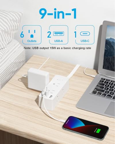 Olcorife 5FT Flat Plug Power Strip with 6 Outlets & 3 USB Ports - White, 5FT Extension Cord, 3-Sided Design