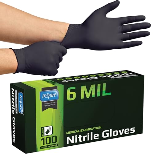 Inspire Large Black 6 Mil Heavy Duty Nitrile Gloves - Chemical & Medical Grade, Box of 100