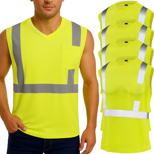 Amylove 4 Pcs Hi Vis Sleeveless Reflective Shirt for Men Class 2 Construction Work Shirts with Pockets for Men Women