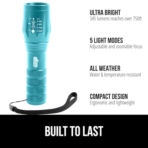 GORILLA GRIP Turquoise LED Tactical Flashlight - 345 Lumens, 5 Modes, Waterproof & Compact