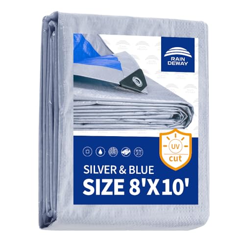 RAINDEWAY 8x10ft Blue/Silver Waterproof Poly Tarp Cover - 5.5 Mil Multipurpose