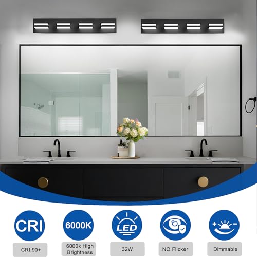 Black 4-Light Dimmable LED Bathroom Vanity Light Fixture, 360° Rotatable, Matte Acrylic Wall Mount - 24 Inch