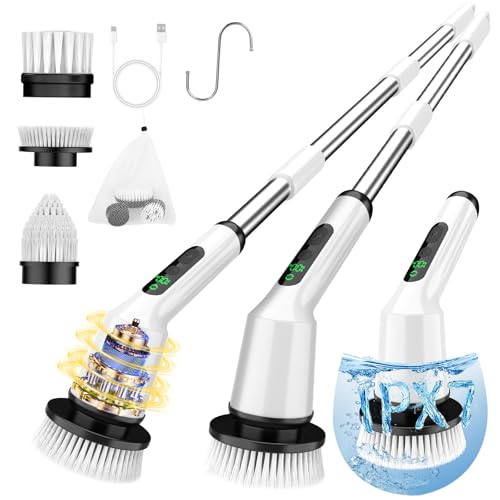 Electric Spin Scrubber for Bathroom with 3 Brush Heads & Long Handle - Cordless Shower Cleaner