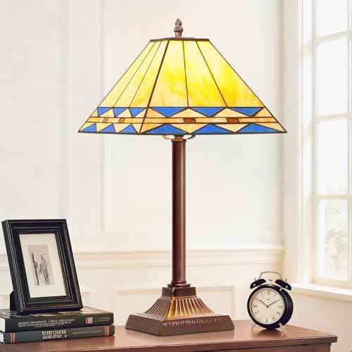 Tiffany Table Lamp with Square Stained Glass Shade, Vintage Style Desk Lamp, Mid Century Modern Bedside Nightstand Lamps, Unique Decorative Accent Light for Bedroom Living Room (E26 Base)
