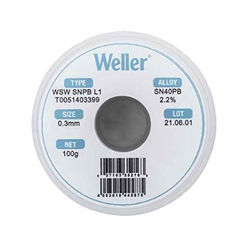 Weller WSW SnPb (T0051403399) Solder Wire, Dia: 0.3 mm / 0.012 in, Wt: 100 g / 3.527 oz, Alloy Sn60Pb40, Flux content 2.2%