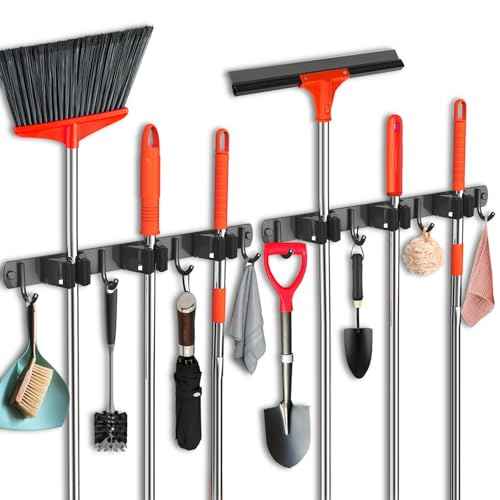 2 Pack Mop and Broom Holder Wall Mount, Upgraded Broom Hanger Wall Mount, Stainless Steel Broom Organizer for Closet Garage Laundry Room Kitchen Wall Decor Black 3R4H