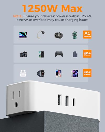 TESSAN 5 FT Power Strip with USB-C & USB-A, Surge Protection, Flat Wall Plug, Gray