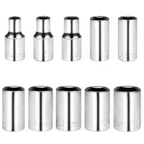 Utoolmart 1/4" Drive Socket Set, Metric Socket 10pcs Sets, 6-Point Shallow Socket Set, 4mm, 5mm, 6mm, 7mm, 8mm, 9mm, 10mm, 11mm, 12mm, 13mm, Cr-V