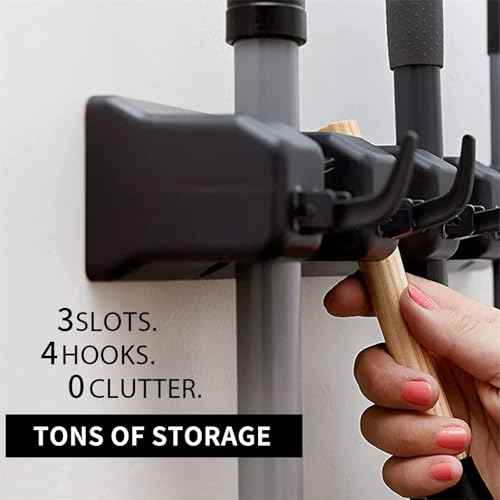 Broom and Mop Holder Wall Mount, Hooks Hanger for Mops and Broom, Organizer Kit with 3 Slots and 4 Hooks, Perfect for House, Bathroom, Laundry, Garden, Tool Room, Garage, Wall Mounted, Black