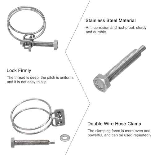 uxcell 6Pcs Double Wire Hose Clamp, 38-42mm Adjustable Stainless Steel Wire Hose Clips with M6 Bolt for Dust Collection Hose, Pump Hose Pipe