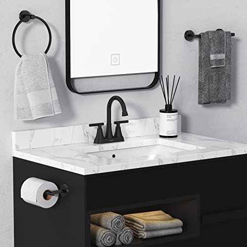 Bathroom Faucets for Sink 3 Hole, Hurran 4 inch Matte Black with Pop-up Drain and 2 Supply Hoses, Stainless Steel Lead-Free 2-Handle Centerset Faucet for Sink Vanity