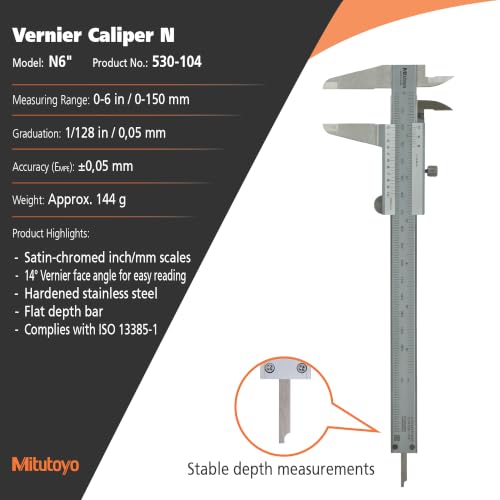 Mitutoyo 530-101 Vernier Calipers, Stainless Steel, for Inside,