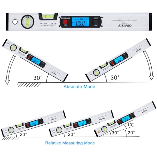 RISEPRO 16-Inch Digital Spirit Level with Protractor, Magnetic Backlight - Silver