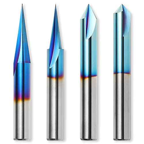 Genmitsu CNC Wood Carving Router Bits Set, 1/4'' Shank, 4 PCS, 15¡Æ Detail Carving Liner+ 20¡Æ Profile bit+ 60¡Æ & 90¡Æ V Groove, WC04A