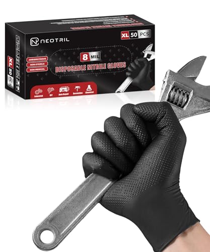 NEOTRIL Heavy Duty Black Nitrile Gloves Large Box of 50 - Powder-Free, Textured Grip