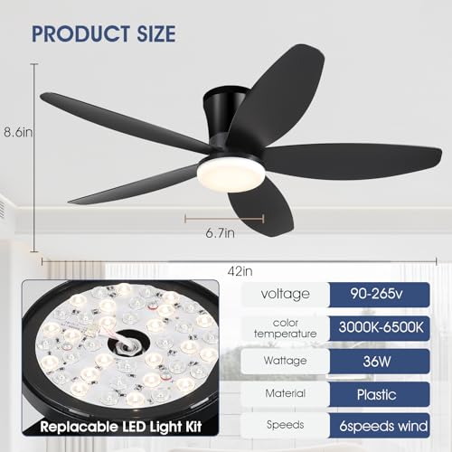 Surtime 42-Inch Black Ceiling Fan with Lights, Remote, Reversible DC Motor