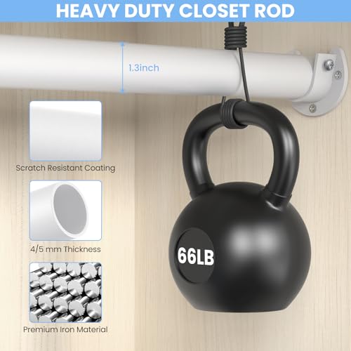 Matte White Adjustable Closet Rod, 17-84in Stepless Heavy Duty Hanging Bar